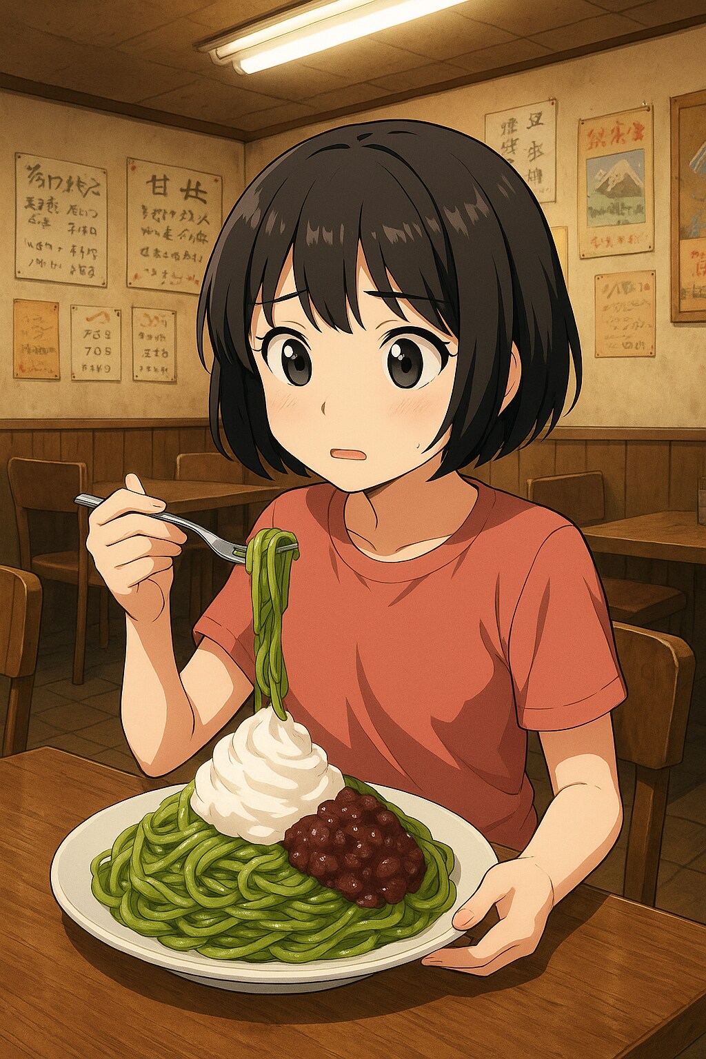 甘口抹茶小倉スパを食べている女の子
