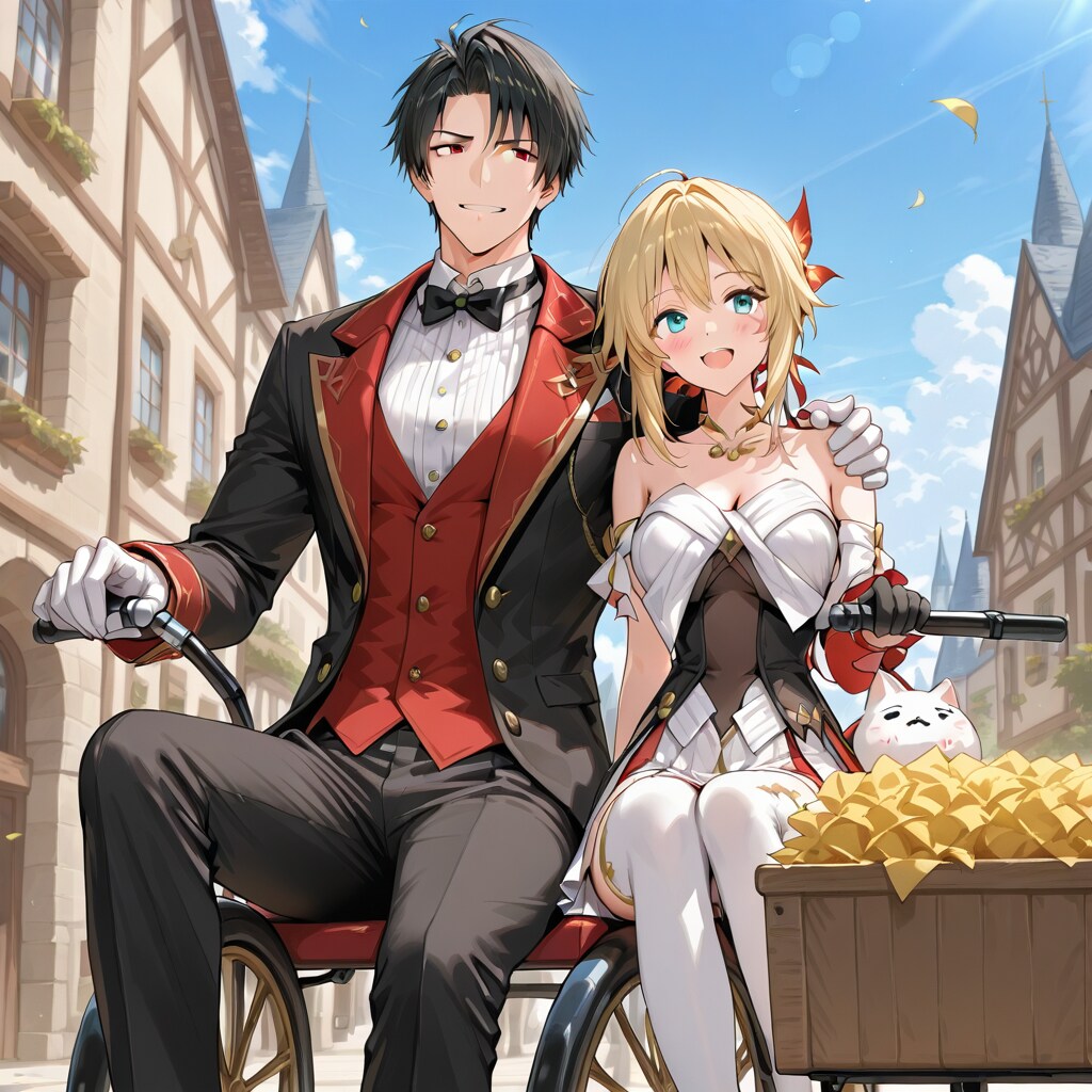 自転車？の上にイケメンと美少女