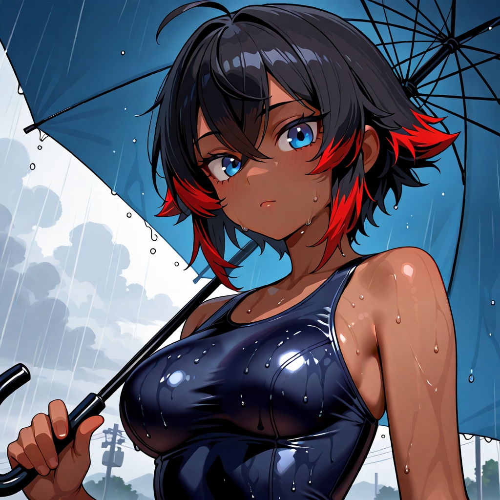 二人は、出会う、雨の中、、、スク水で。赤メッシュさんVer