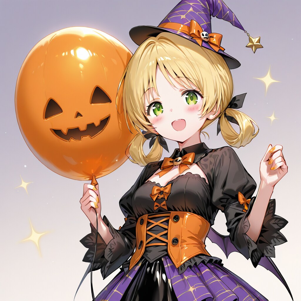 オレンジの風船を持つハロウィン衣装のちちぷいちゃん。