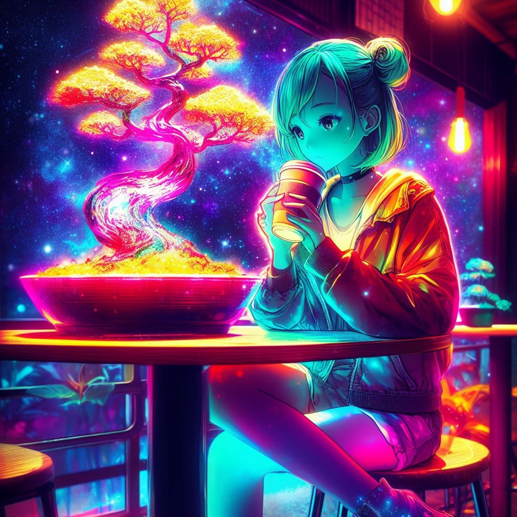 光る盆栽を観察する女の子