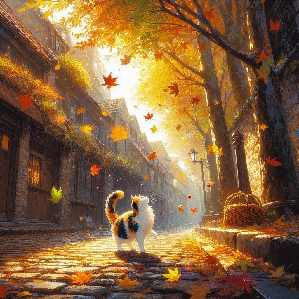 秋と戯れる猫 | の人気AIイラスト・グラビア