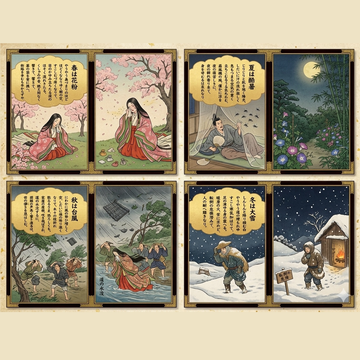 春は花粉、夏は酷暑、秋は台風、冬は大雪 | の人気AIイラスト・グラビア