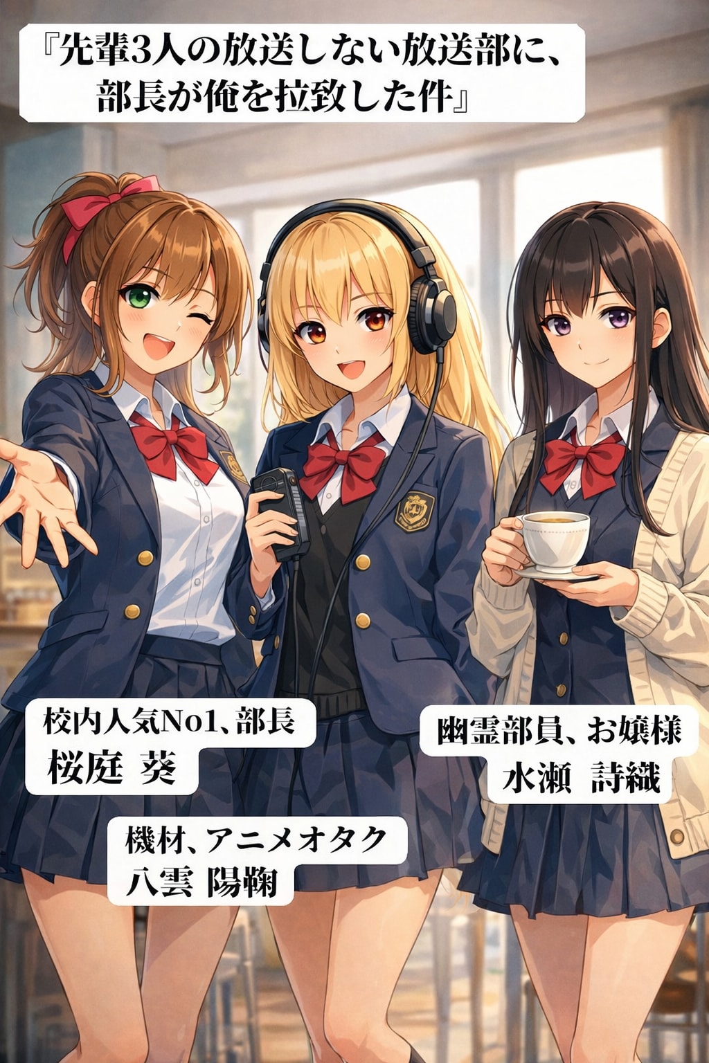 ラノベ001『先輩3人の放送しない放送部に、部長が俺を拉致した件』 | の人気AIイラスト・グラビア
