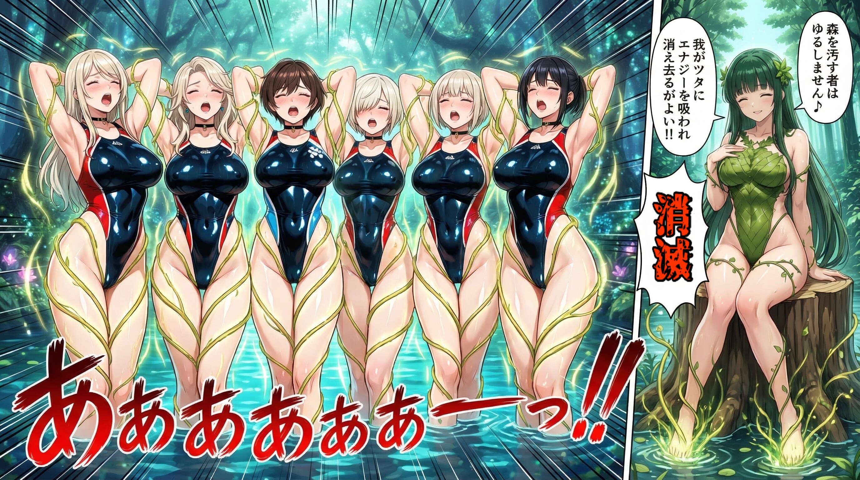 やさし気だけど森を汚す者には恐ろしいDRYADちゃん！聖なる森に立ち入った悪のハイレグ女戦闘員達を容赦なく倒しツタ経由でエナジーを奪ってしまう💦・・そして2枚目はオチｗｗ