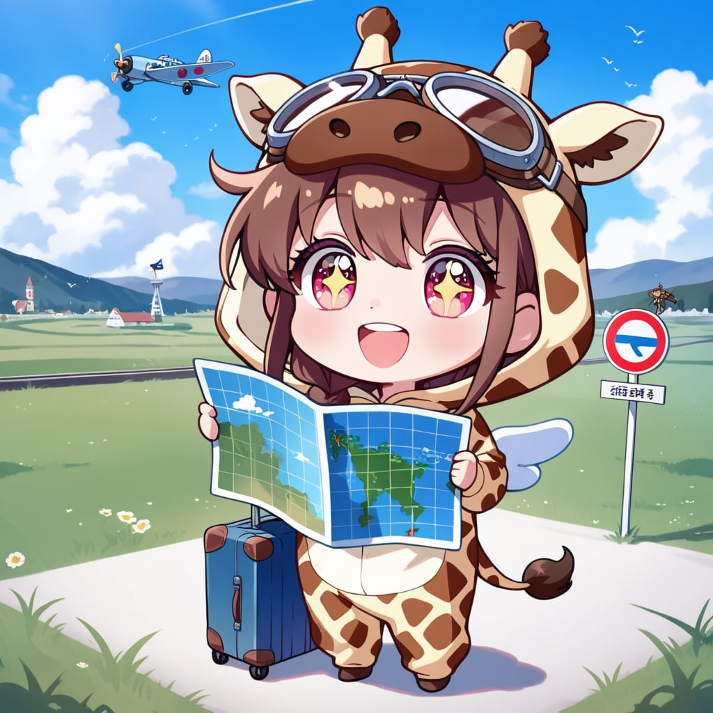 空飛ぶ飛行機に思いを馳せるキリン着ぐるみちび子ちゃん