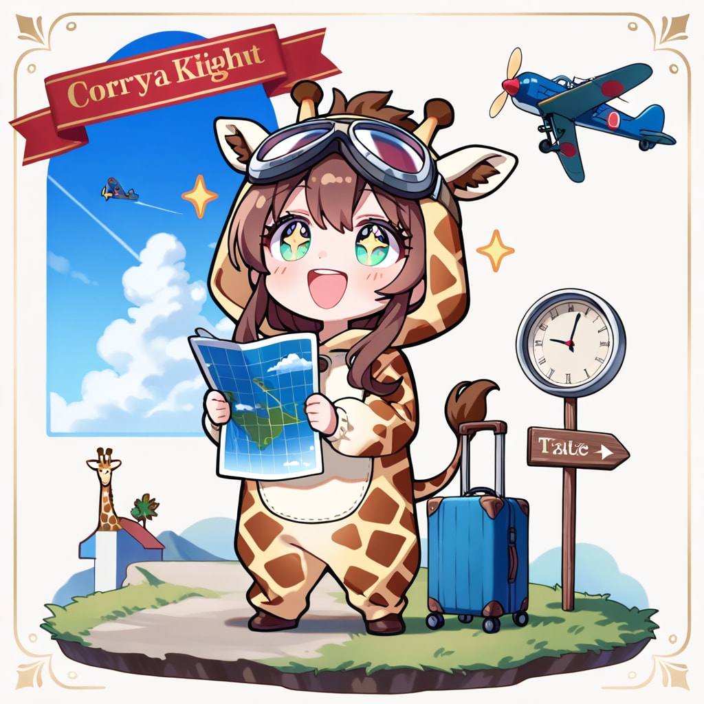 空飛ぶ飛行機に思いを馳せるキリン着ぐるみちび子ちゃん