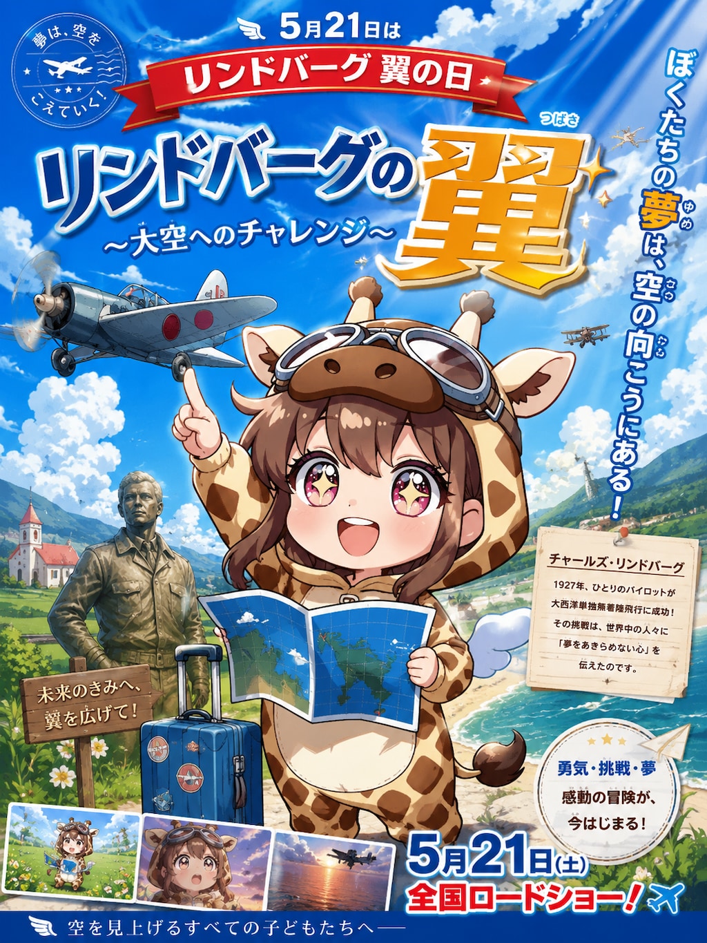 空飛ぶ飛行機に思いを馳せるキリン着ぐるみちび子ちゃん