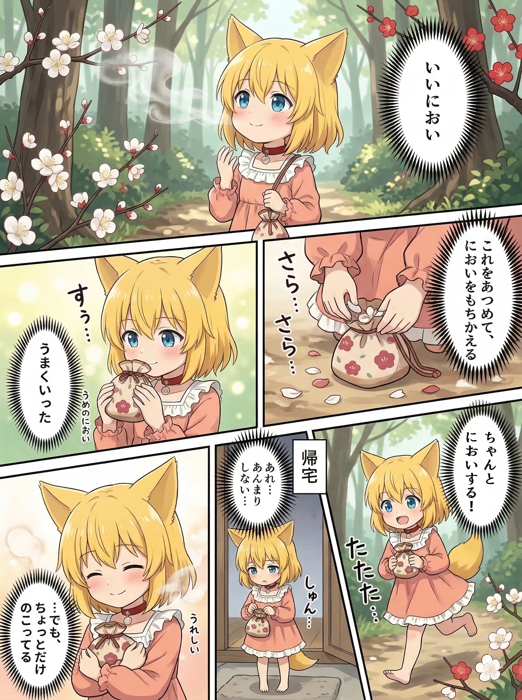地面に落ちた梅の花びらを袋に拾い集めて香りをお持ち帰りするキツネ | の人気AIイラスト・グラビア