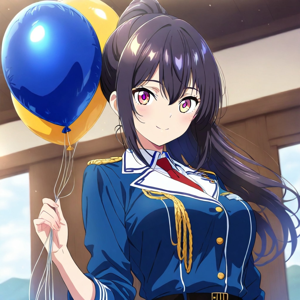 青い風船を持つ黒髪ポニーテールの海兵服の美女。