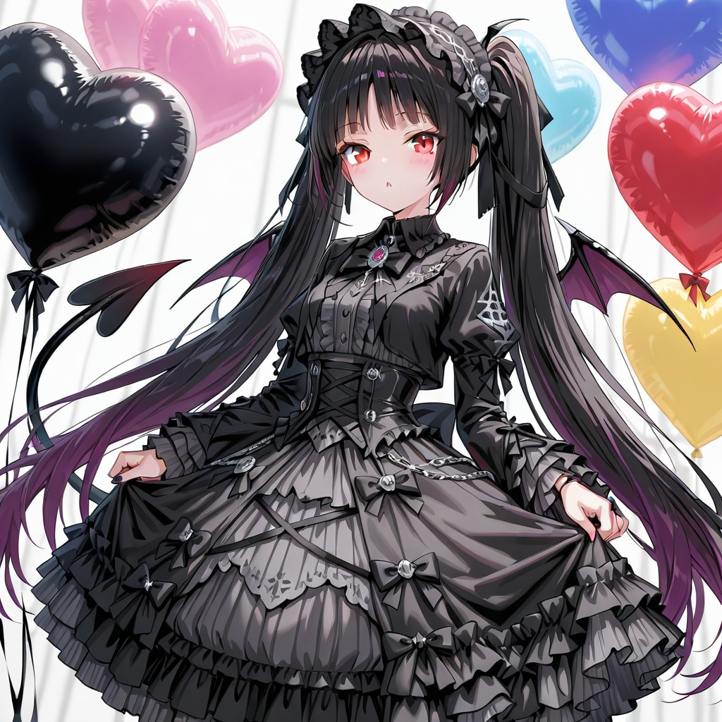 色とりどりのハート風船を持つゴスロリ衣装着た黒髪ツインテールの美少女 | の人気AIイラスト・グラビア