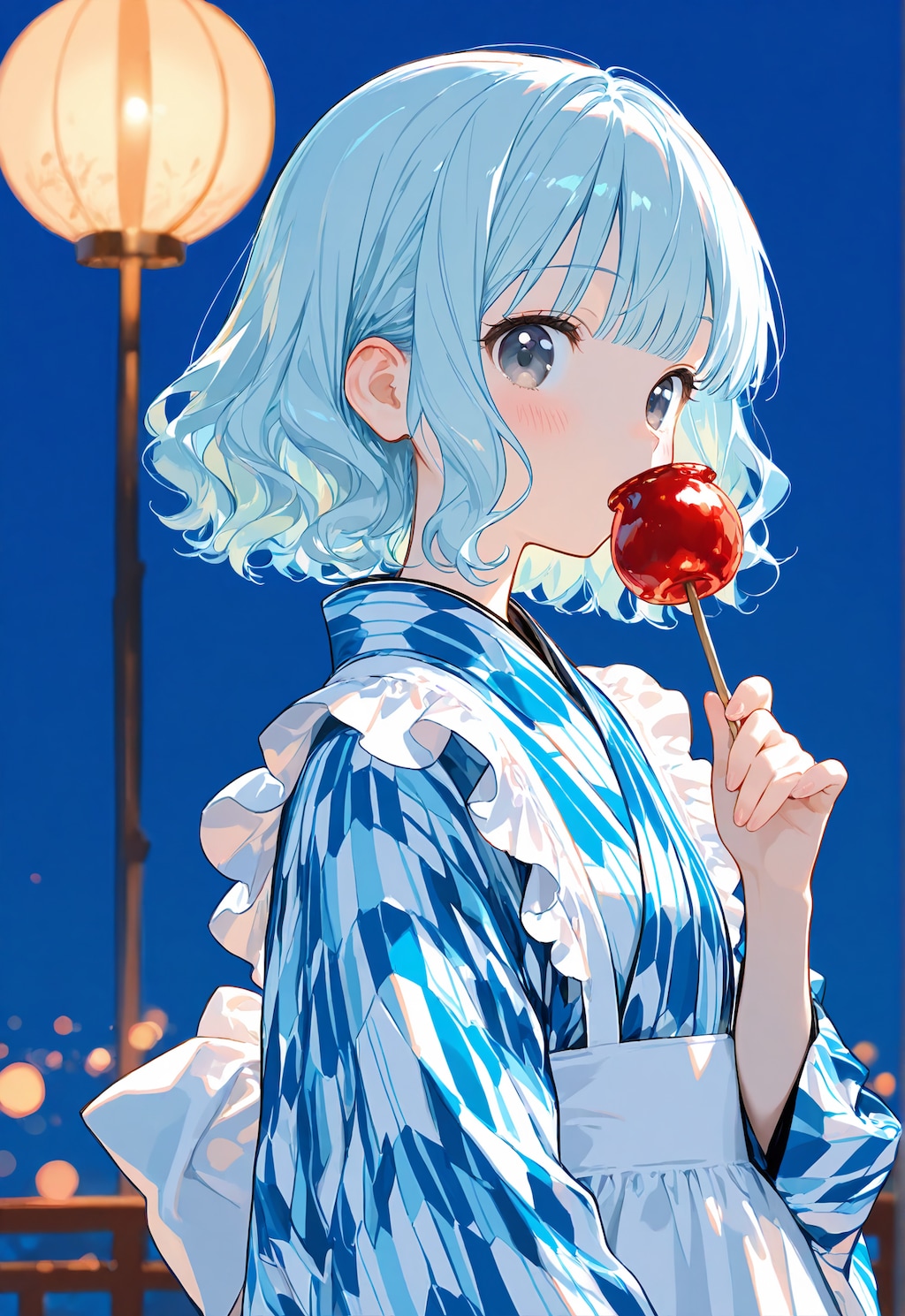 リンゴ飴を舐める青髪ちゃん