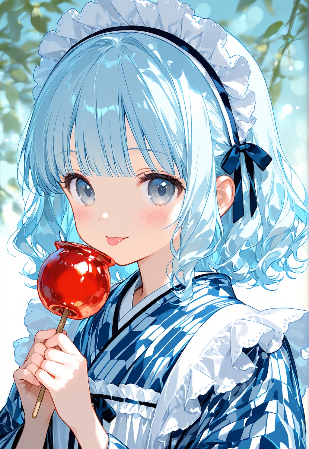 リンゴ飴を舐める青髪ちゃん