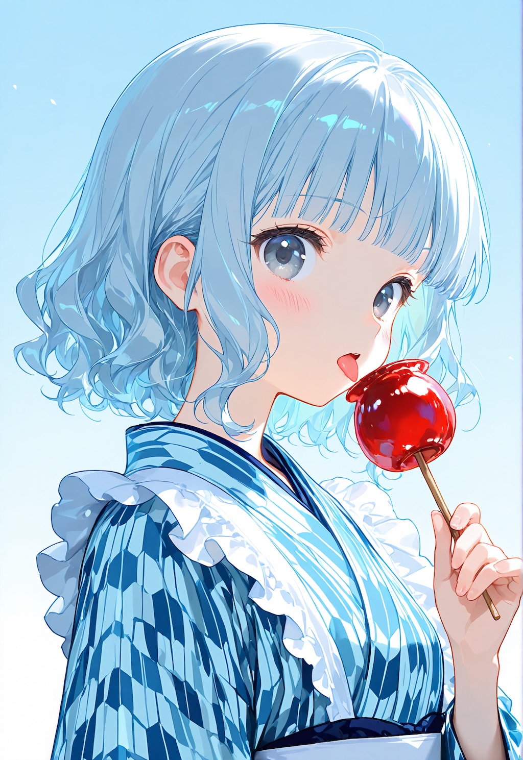 リンゴ飴を舐める青髪ちゃん