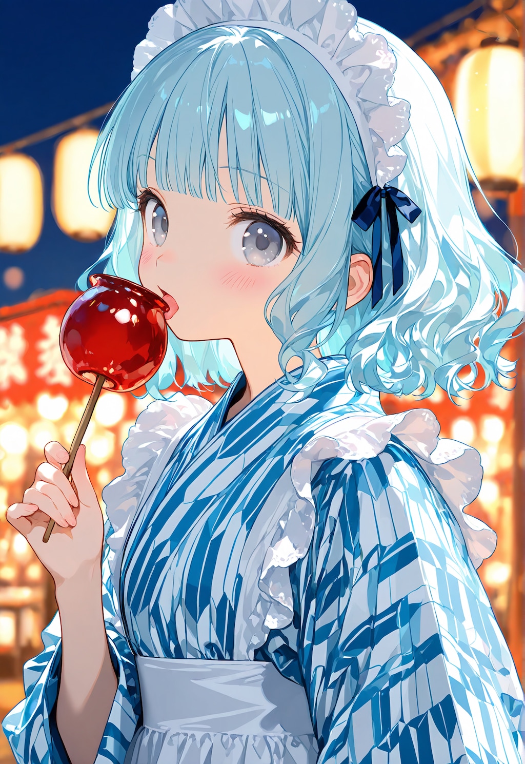 リンゴ飴を舐める青髪ちゃん
