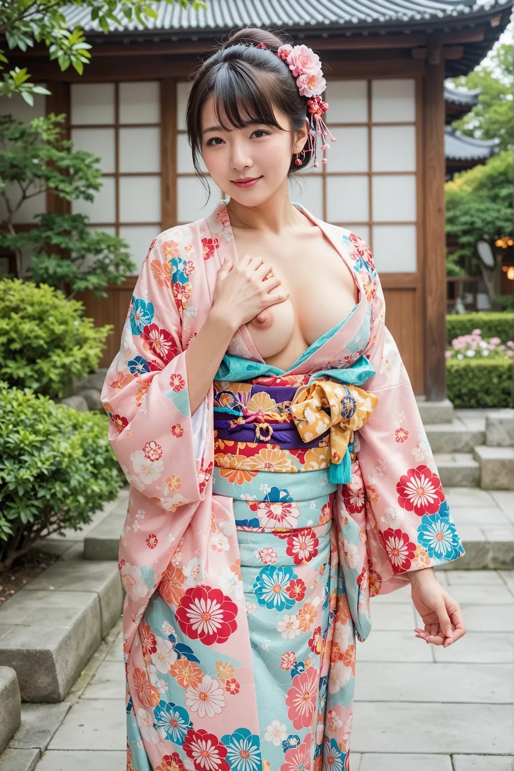 【晴れ着でポロリ】