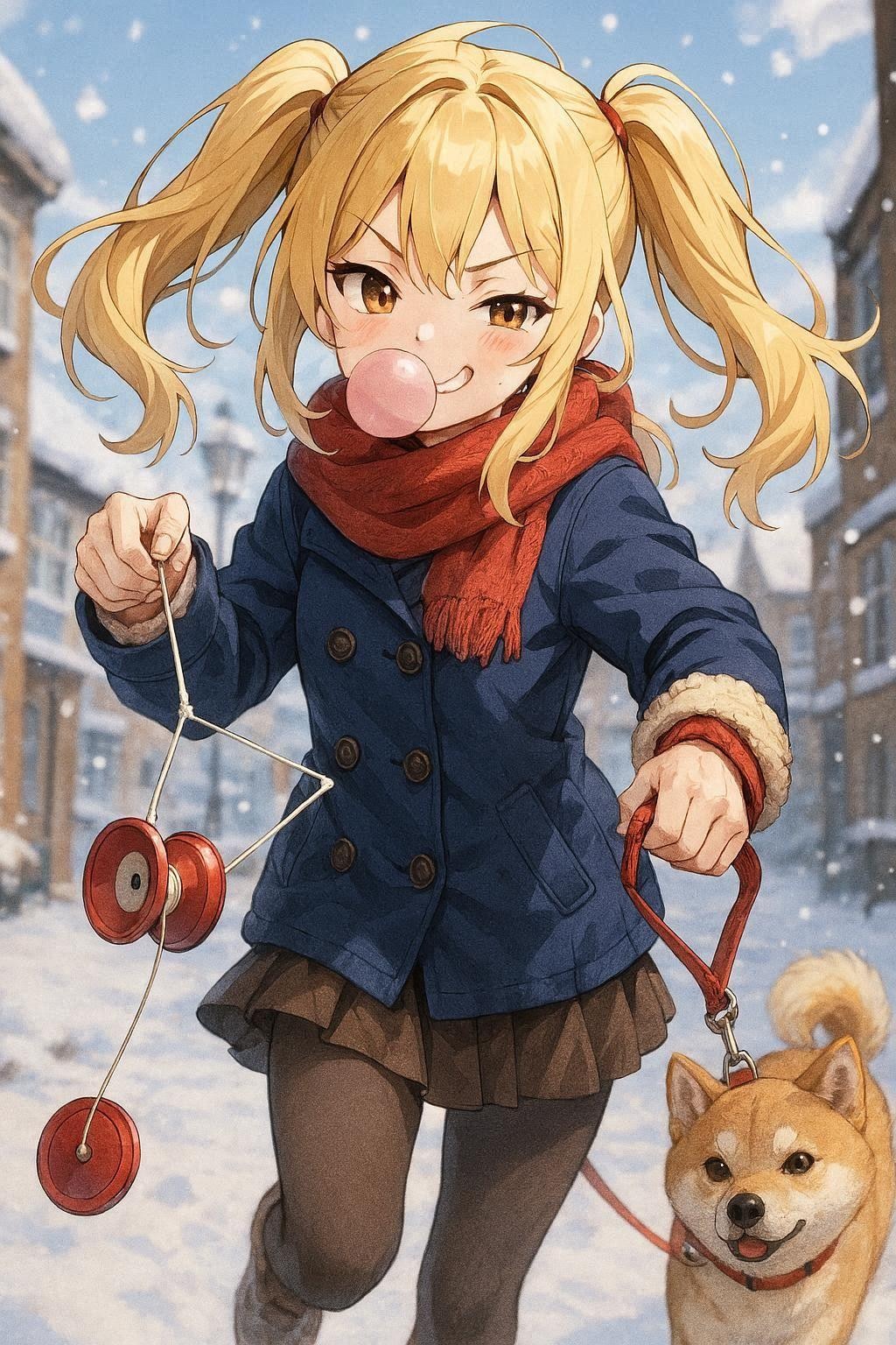 冬の街で犬の散歩