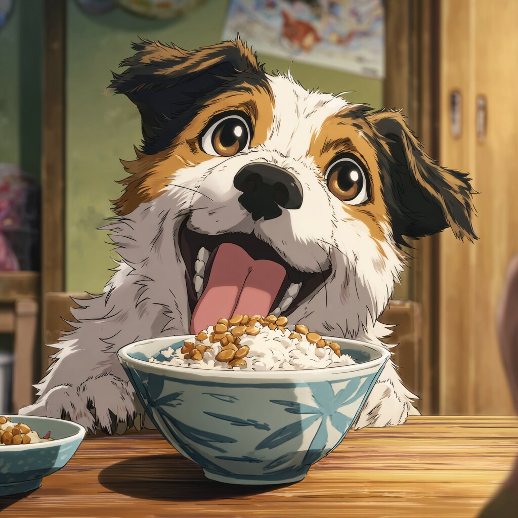 納豆ごはんを食べている犬