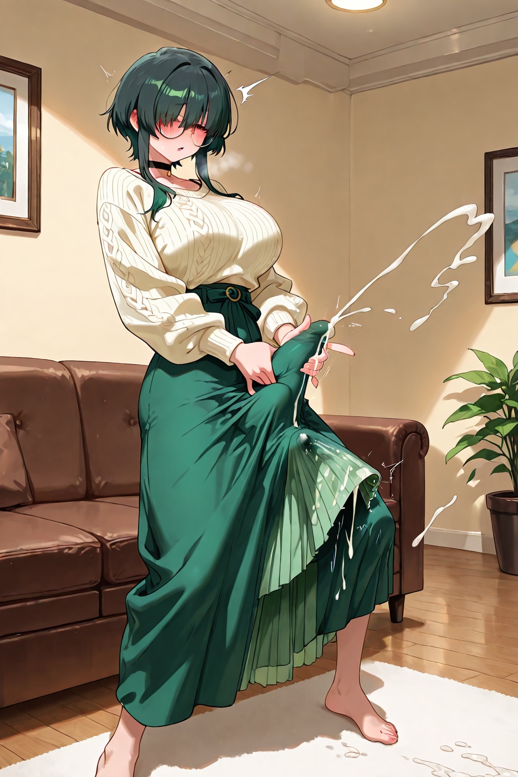 cumming through green skirt