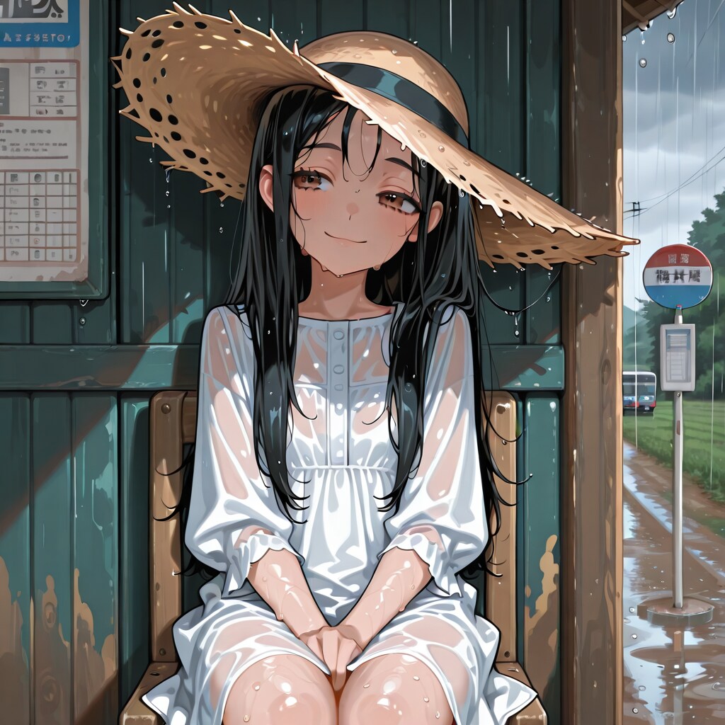 雨のバス停で