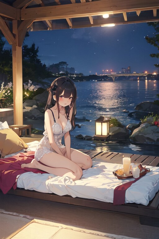 「二人の初お泊り。どう？新婚初夜みたいに初々しい感じにしてみたの。きゃっ！いきなり襲ってくるなんて、このケダモノ♥」（ランジェリー・パニックの１０）