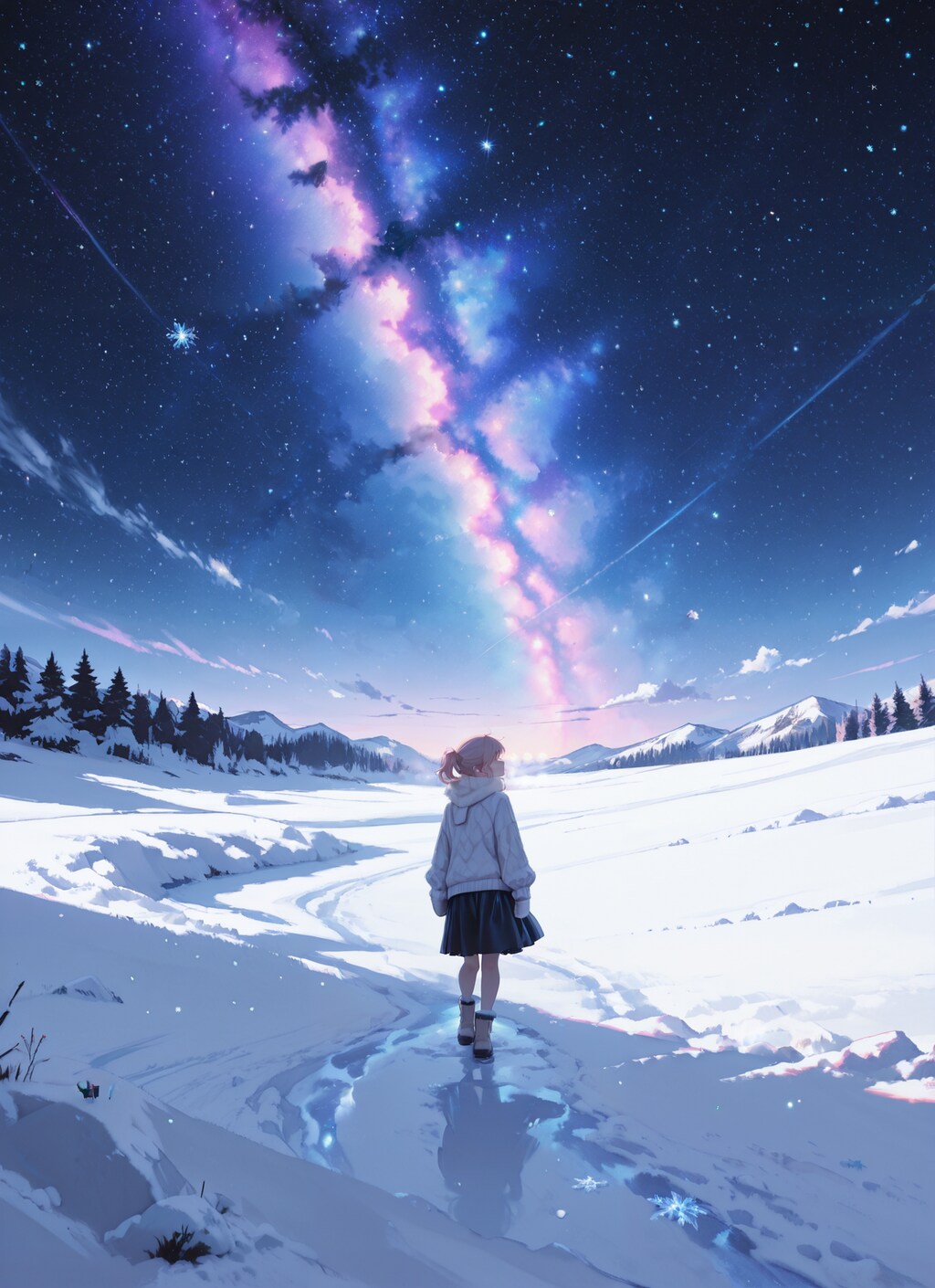 冬の星空を見上げる美少女