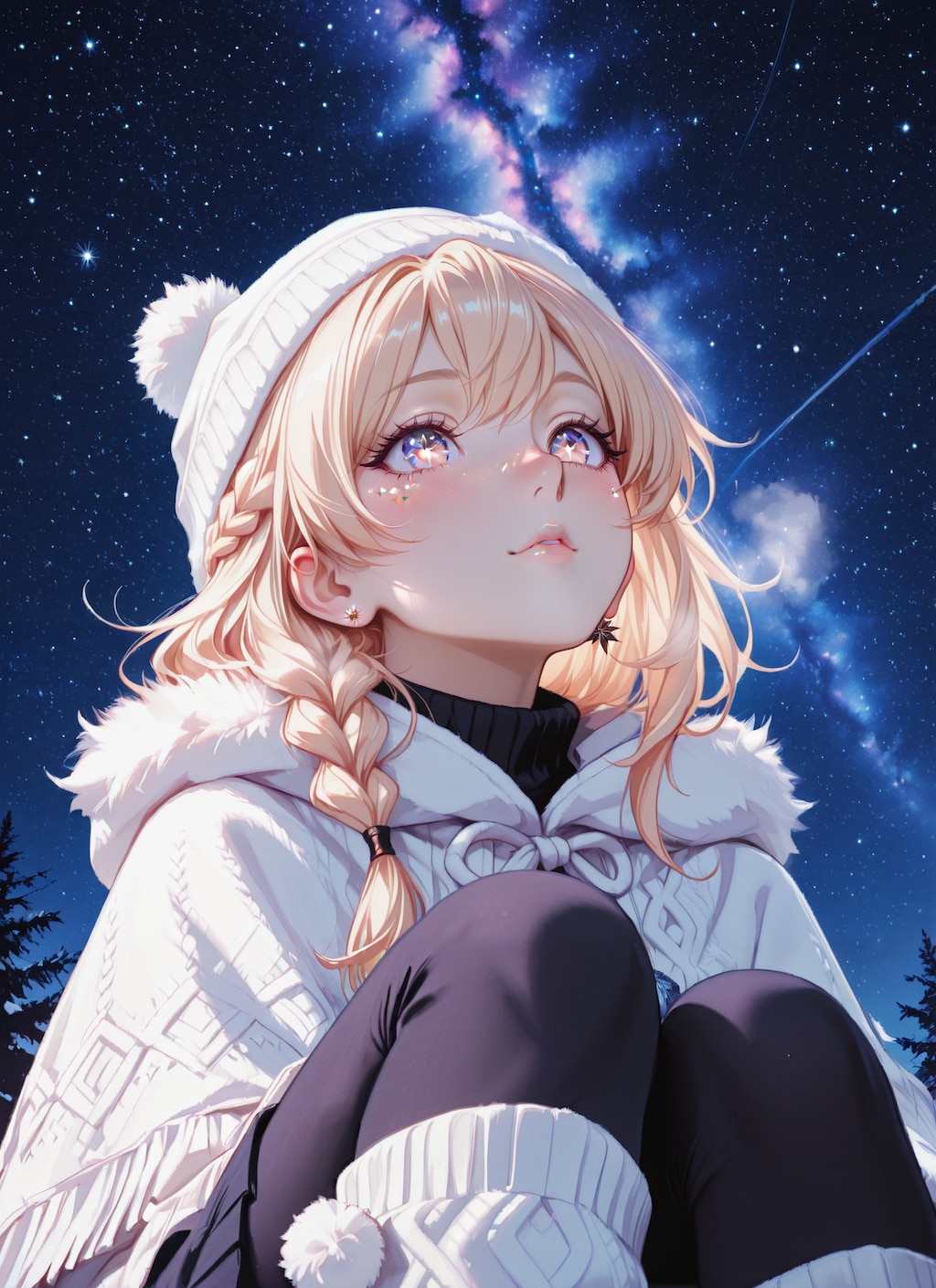 冬の星空を見上げる美少女