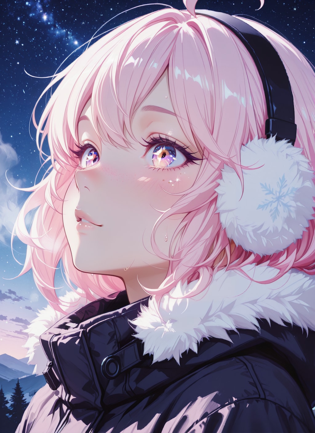 冬の星空を見上げる美少女