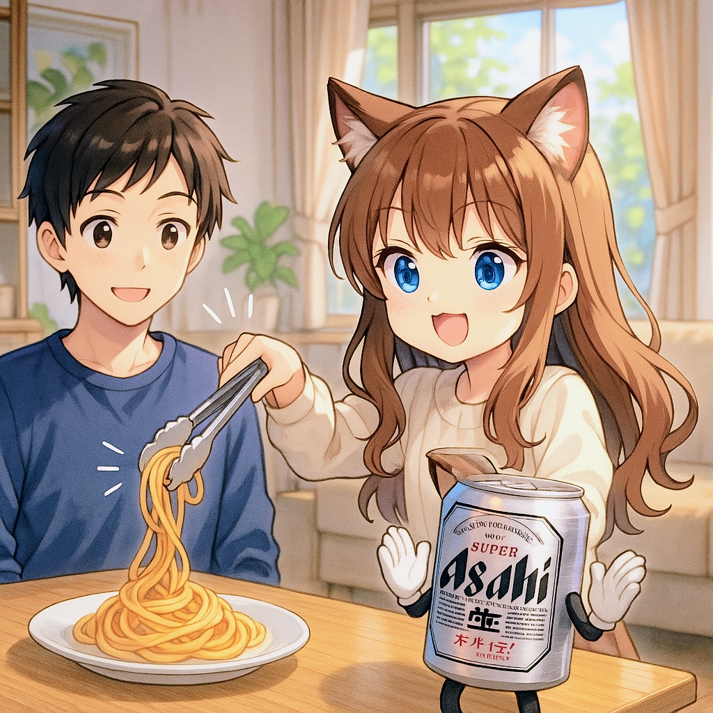 お兄ちゃんにパスタを盛り付ける小さな女の子