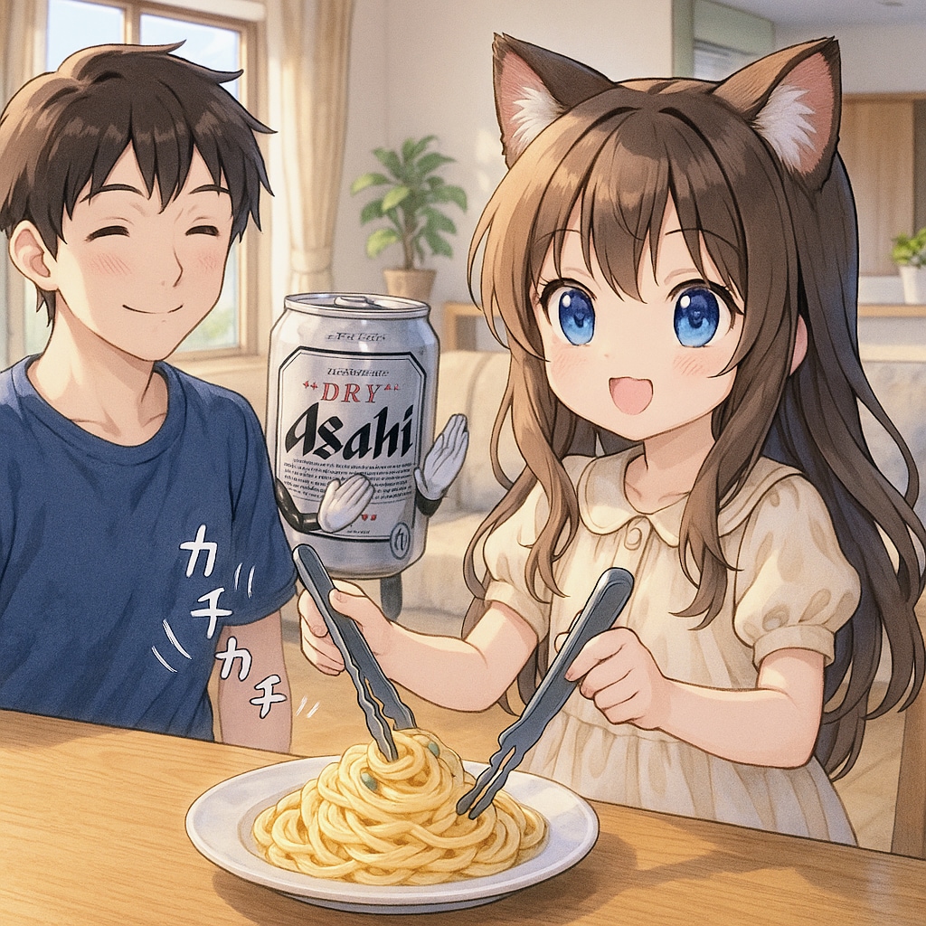 お兄ちゃんにパスタを盛り付ける小さな女の子 | の人気AIイラスト・グラビア