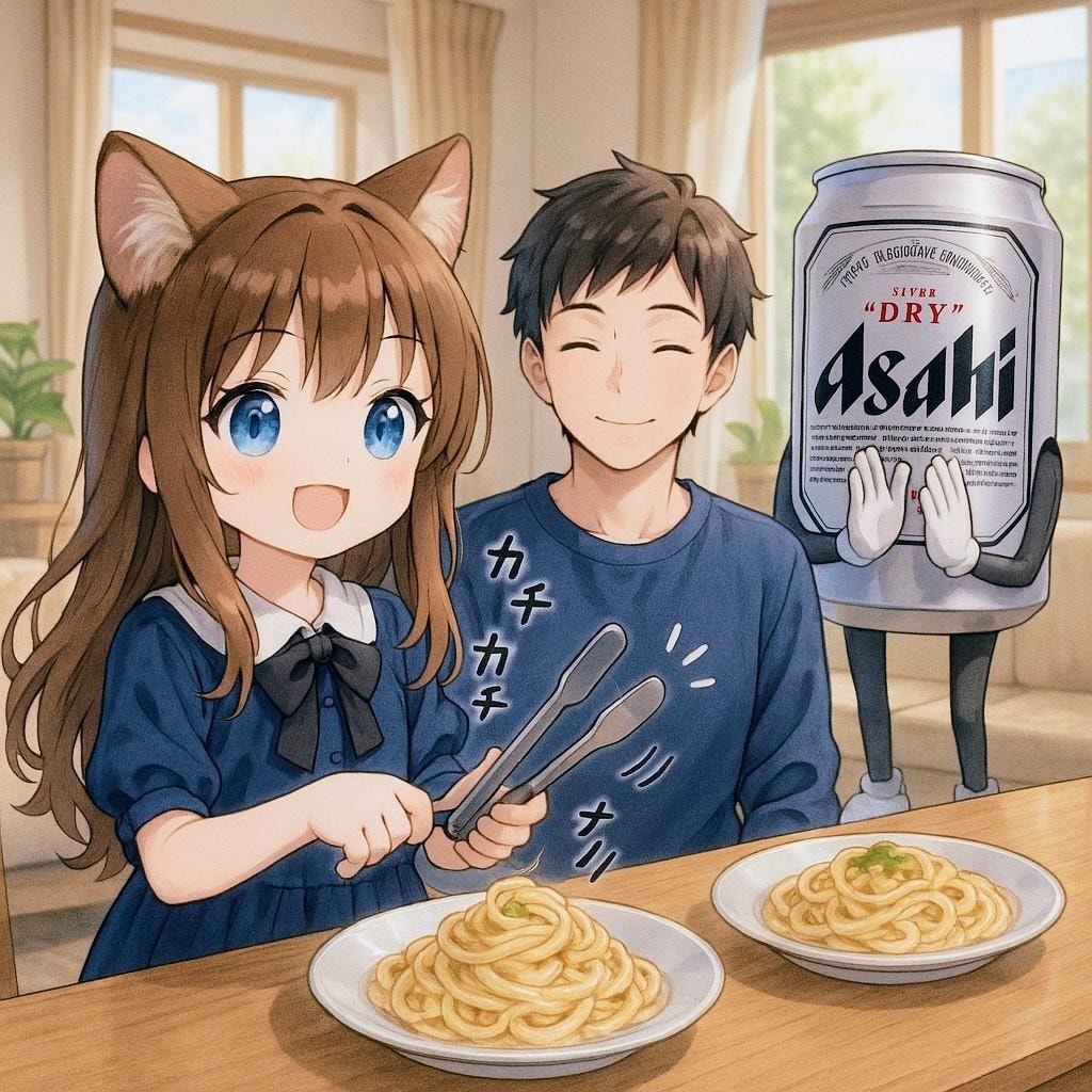 お兄ちゃんにパスタを盛り付ける小さな女の子