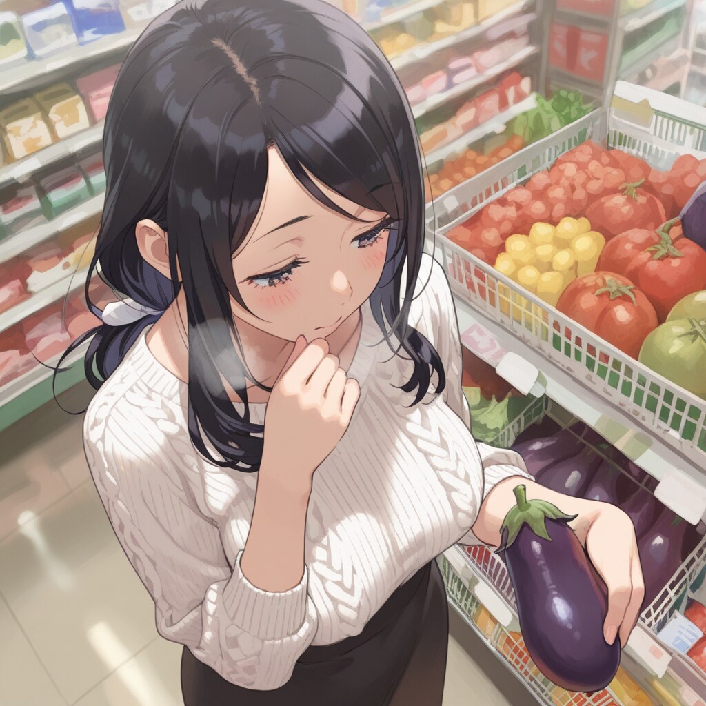 ナスを片手に物思いに耽る買い物中の主婦