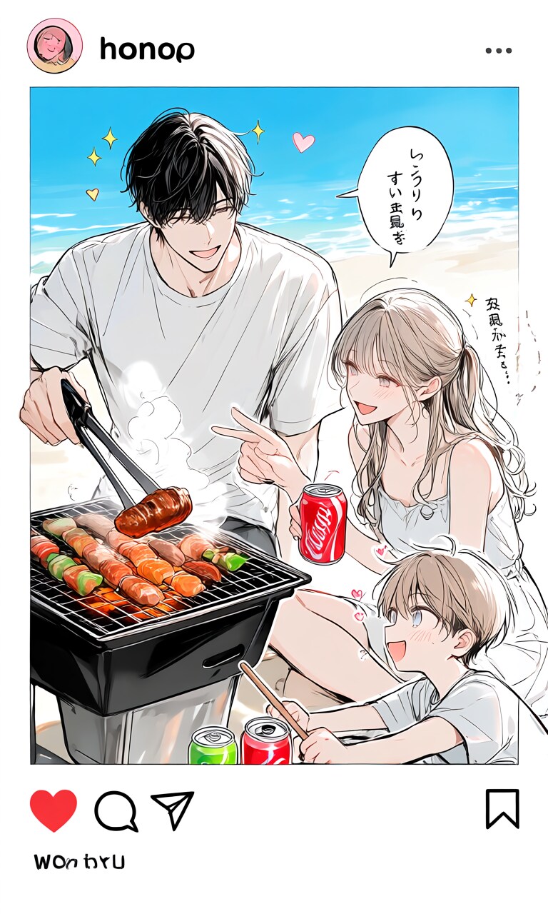 浜辺でBBQする家族