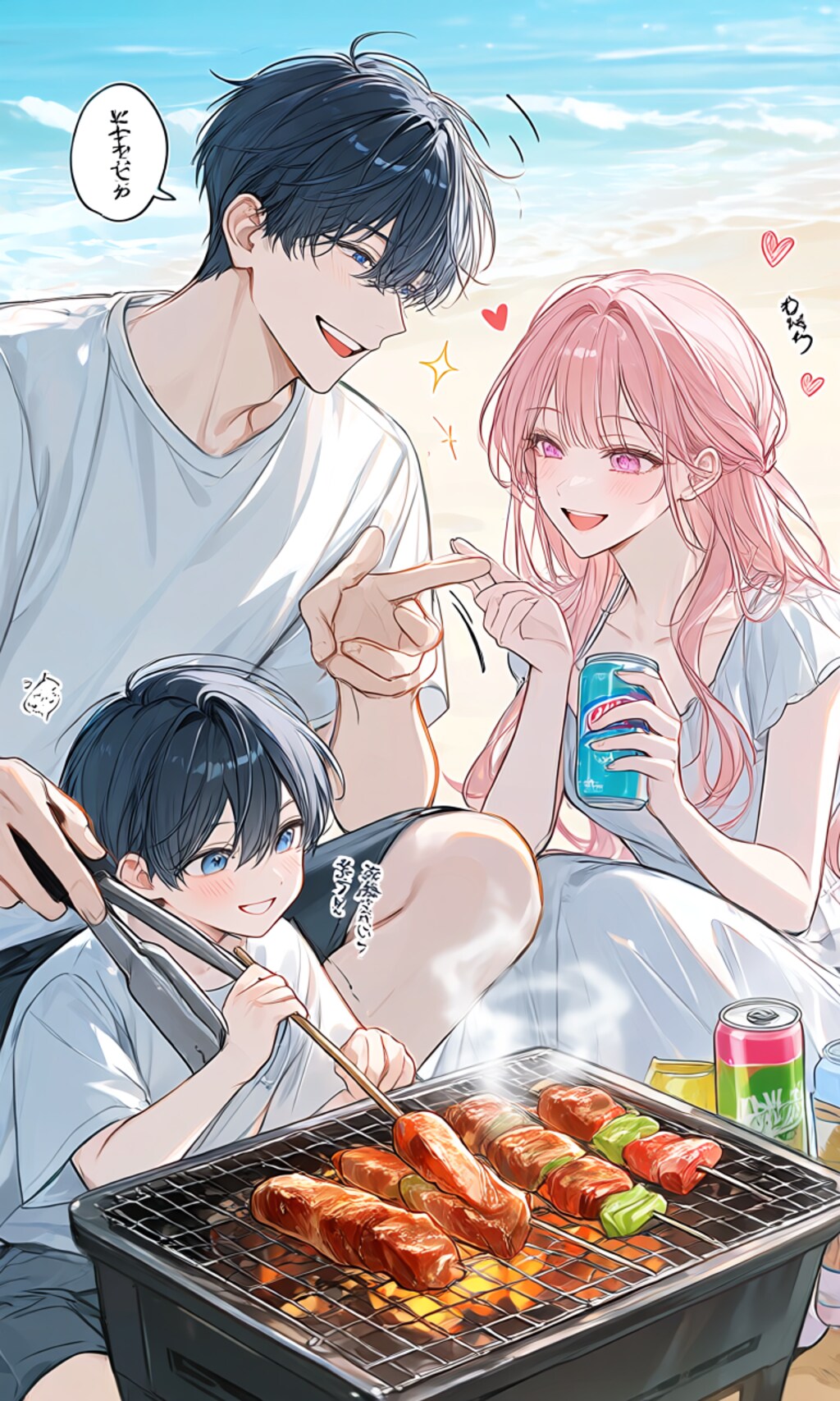 浜辺でBBQする家族