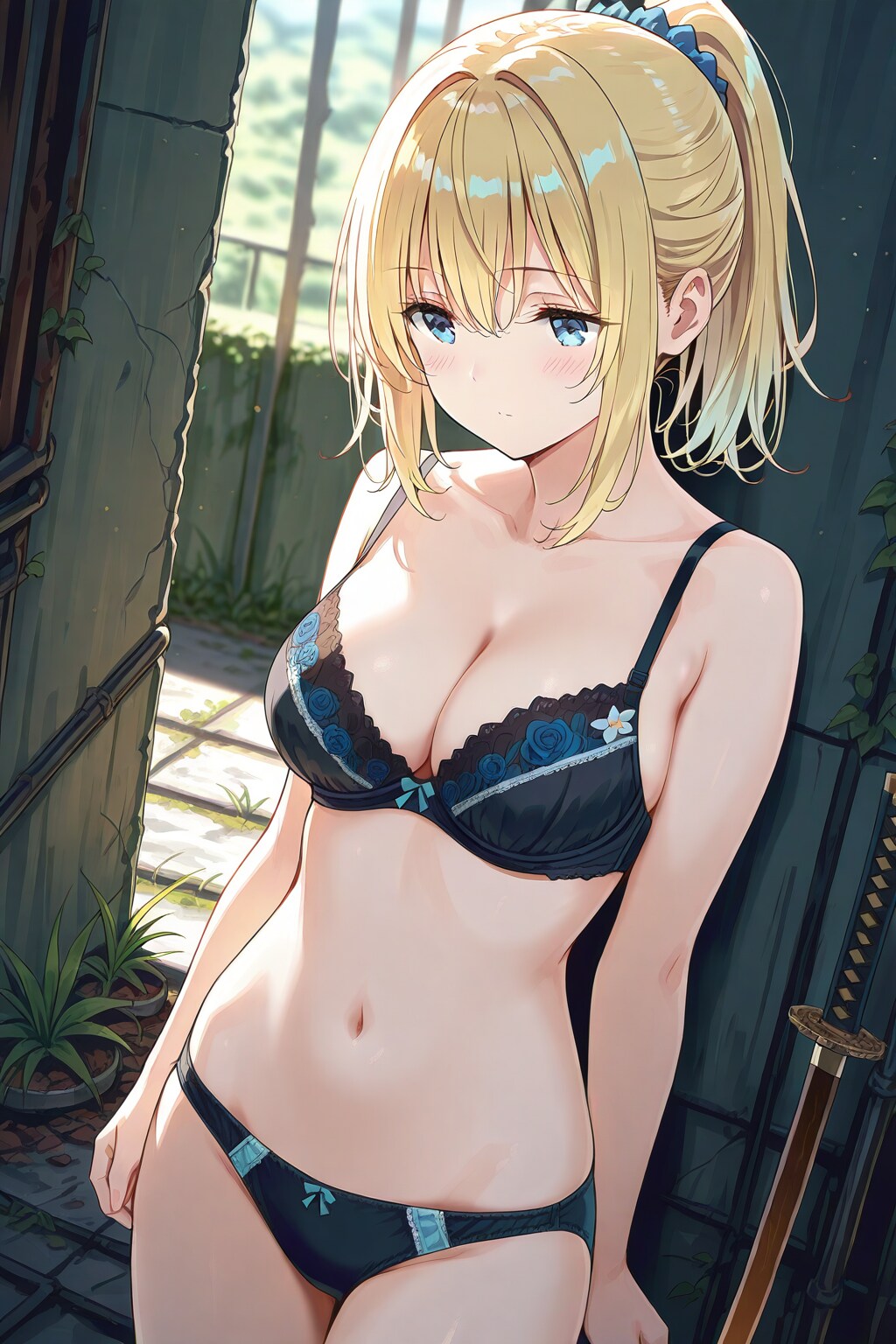 金髪ポニーテール黒下着