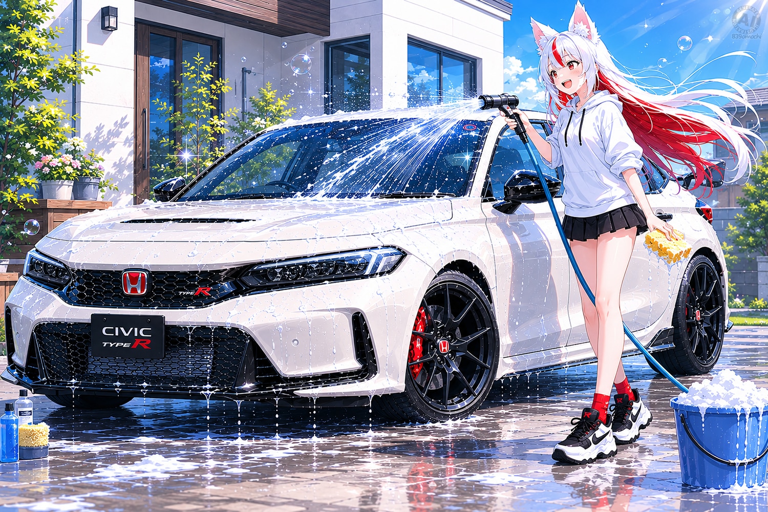 愛車を愛車擬人化が洗車した。