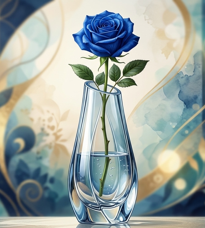 ガラスの花瓶と青い薔薇の１本挿し