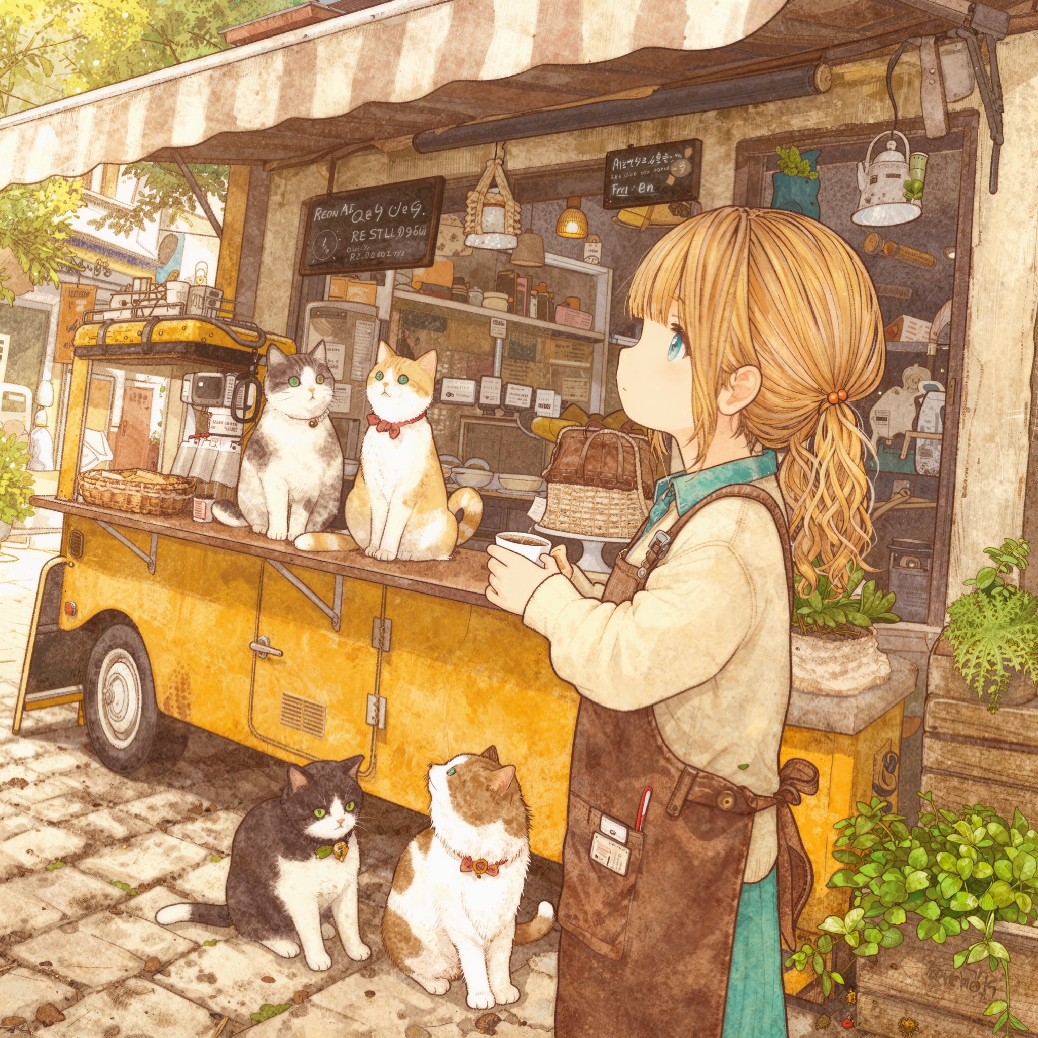 移動カフェと4匹の猫 | の人気AIイラスト・グラビア