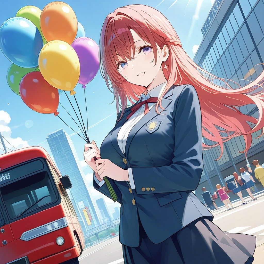 いっぱい色とりどりの風船を持つ赤い髪ロングのバス運転手の美女 | の人気AIイラスト・グラビア