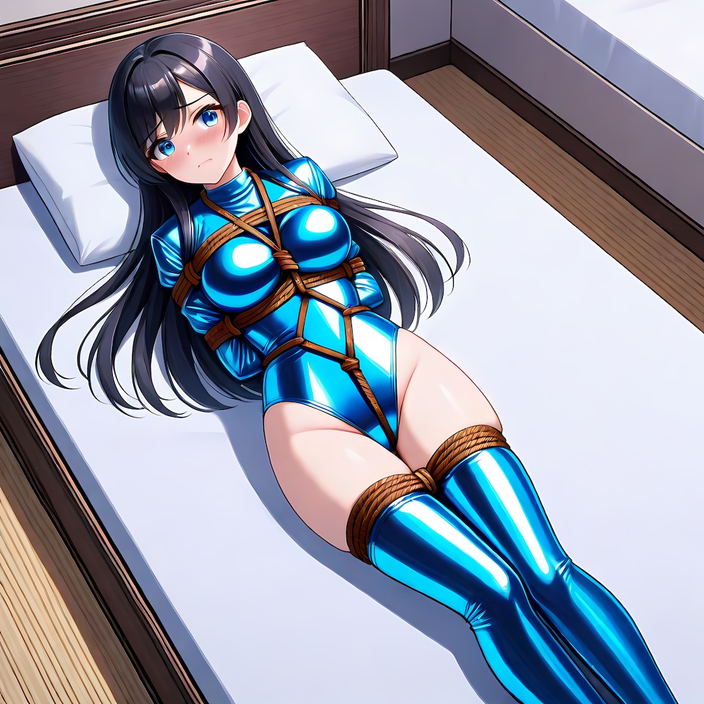 光沢青レオタードサイハイソックス緊縛