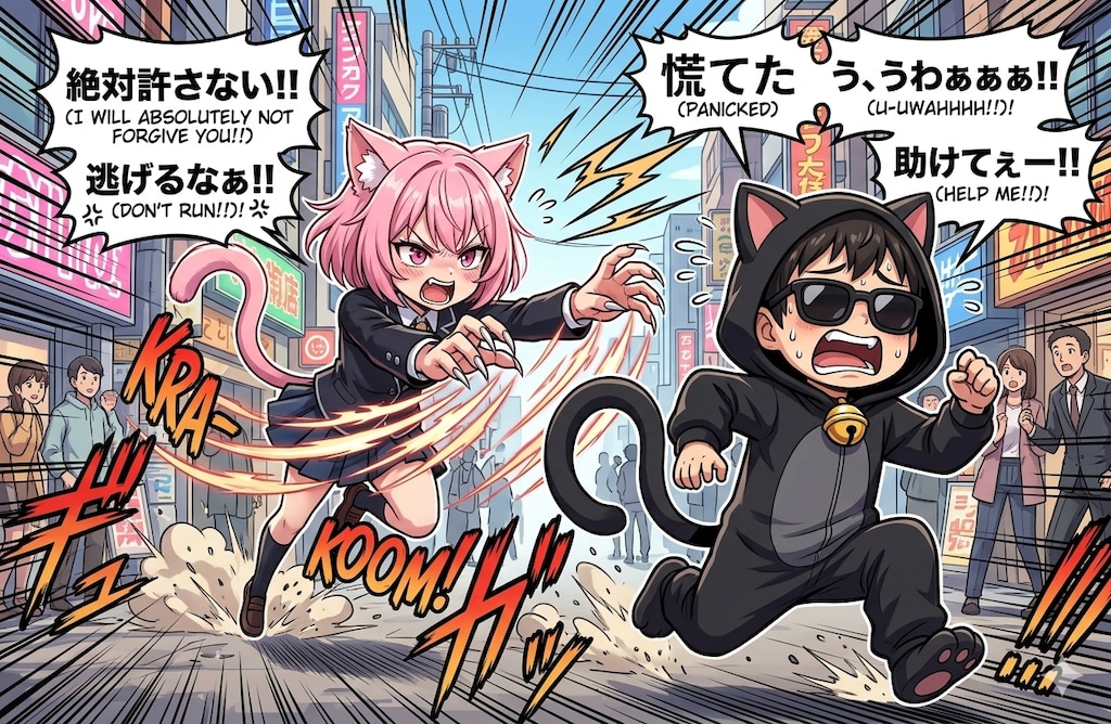 ねこちゃんに追いかけられる作者（おぢさん）