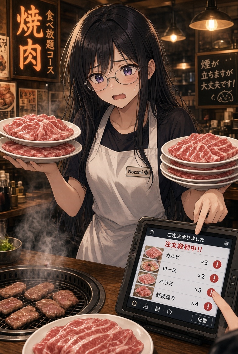 焼肉屋さんでバイトする黒髪メガネ（ノゾミ） | の人気AIイラスト・グラビア