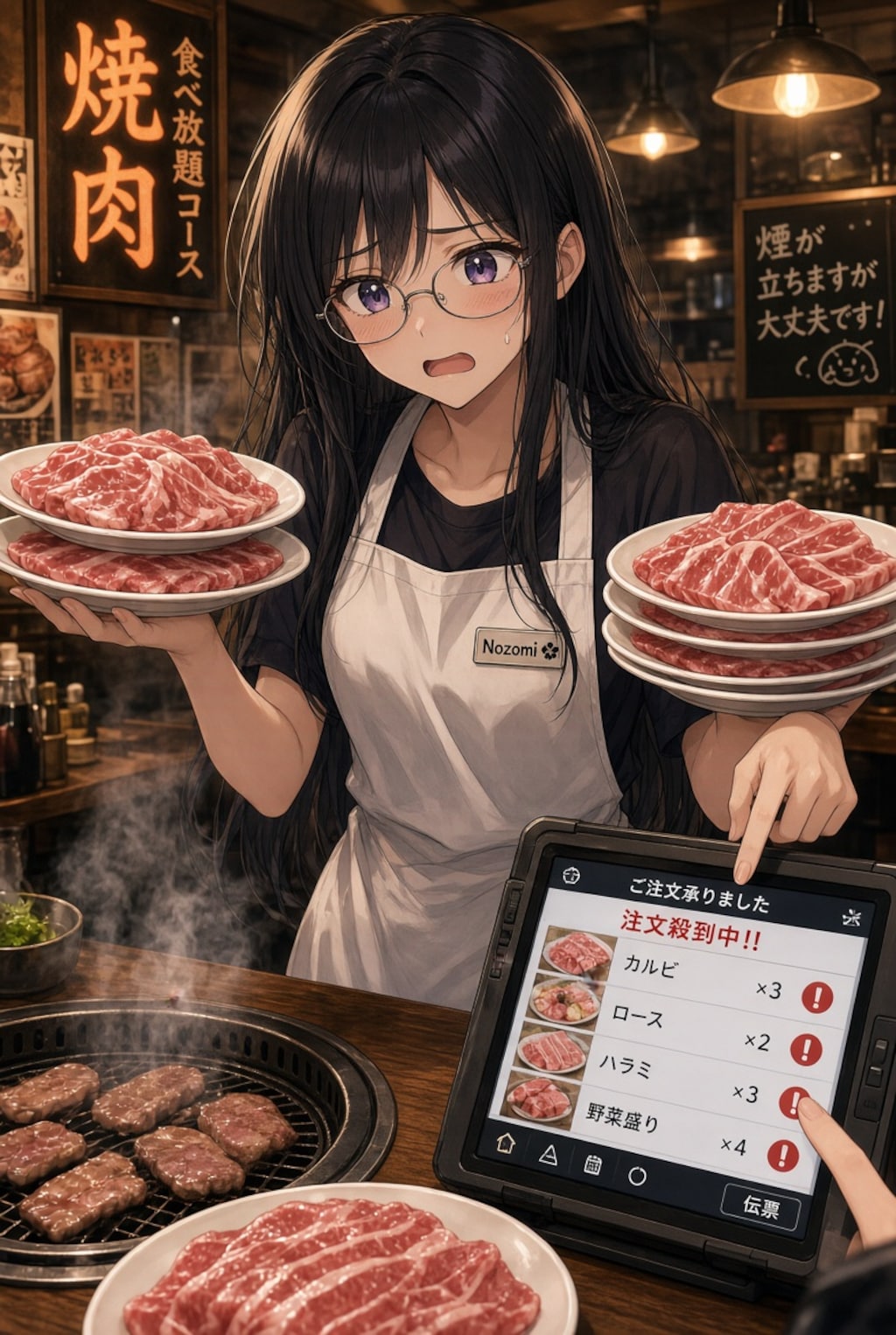 焼肉屋さんでバイトする黒髪メガネ（ノゾミ）