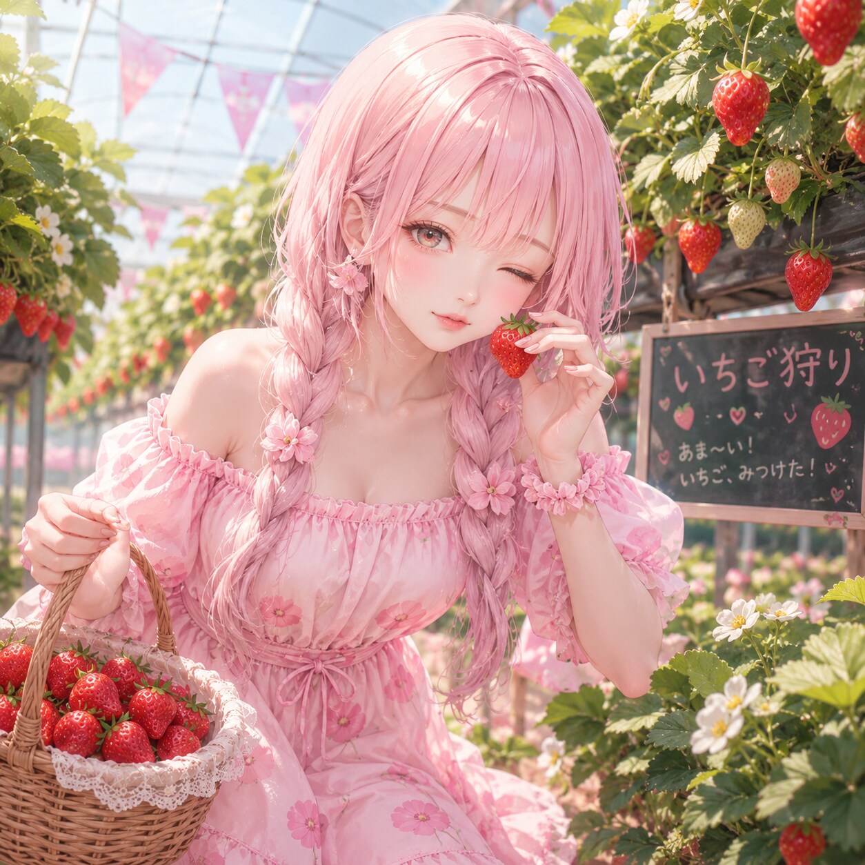 いちご狩りをするピンクちゃん🍓