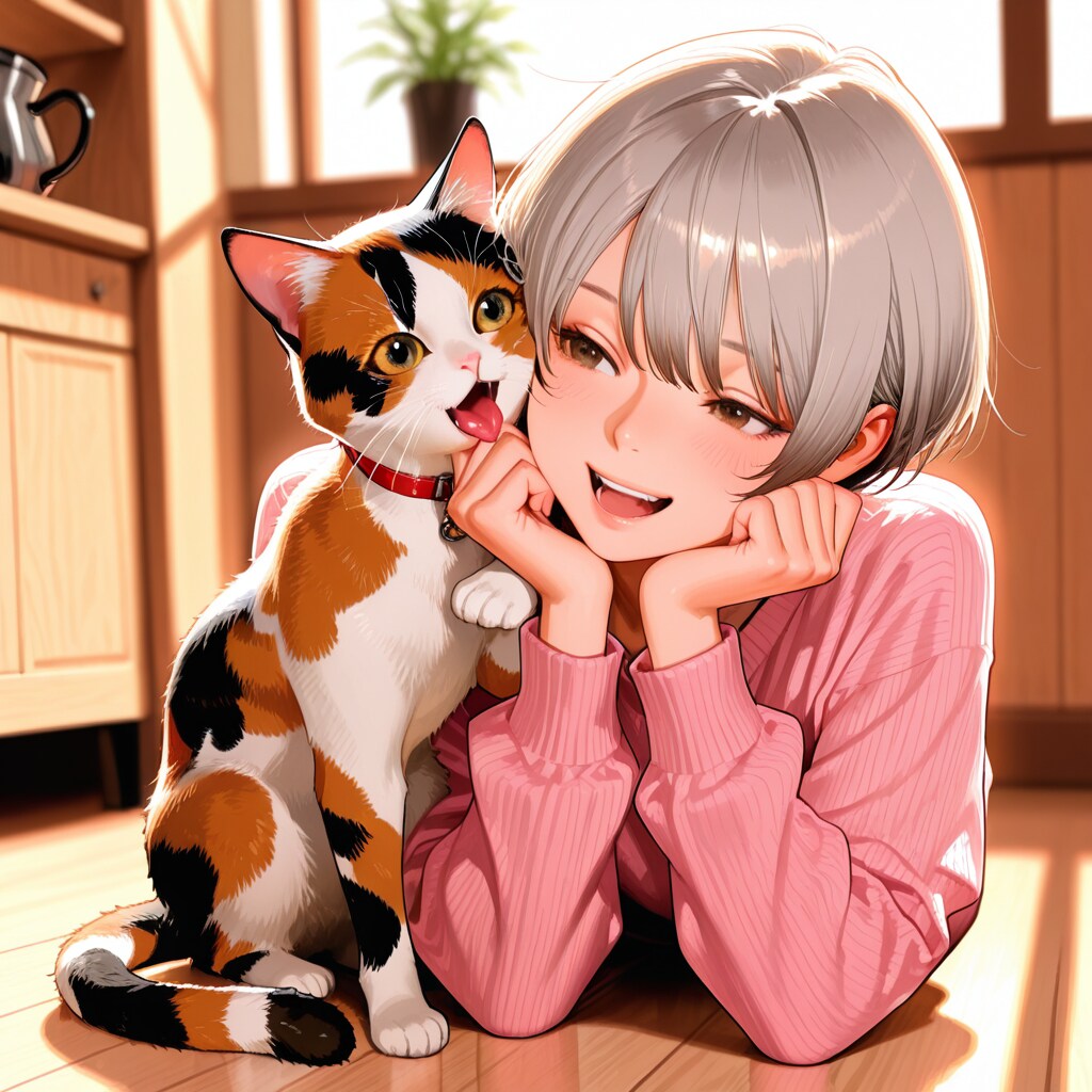 ペットと一緒女子　三毛猫