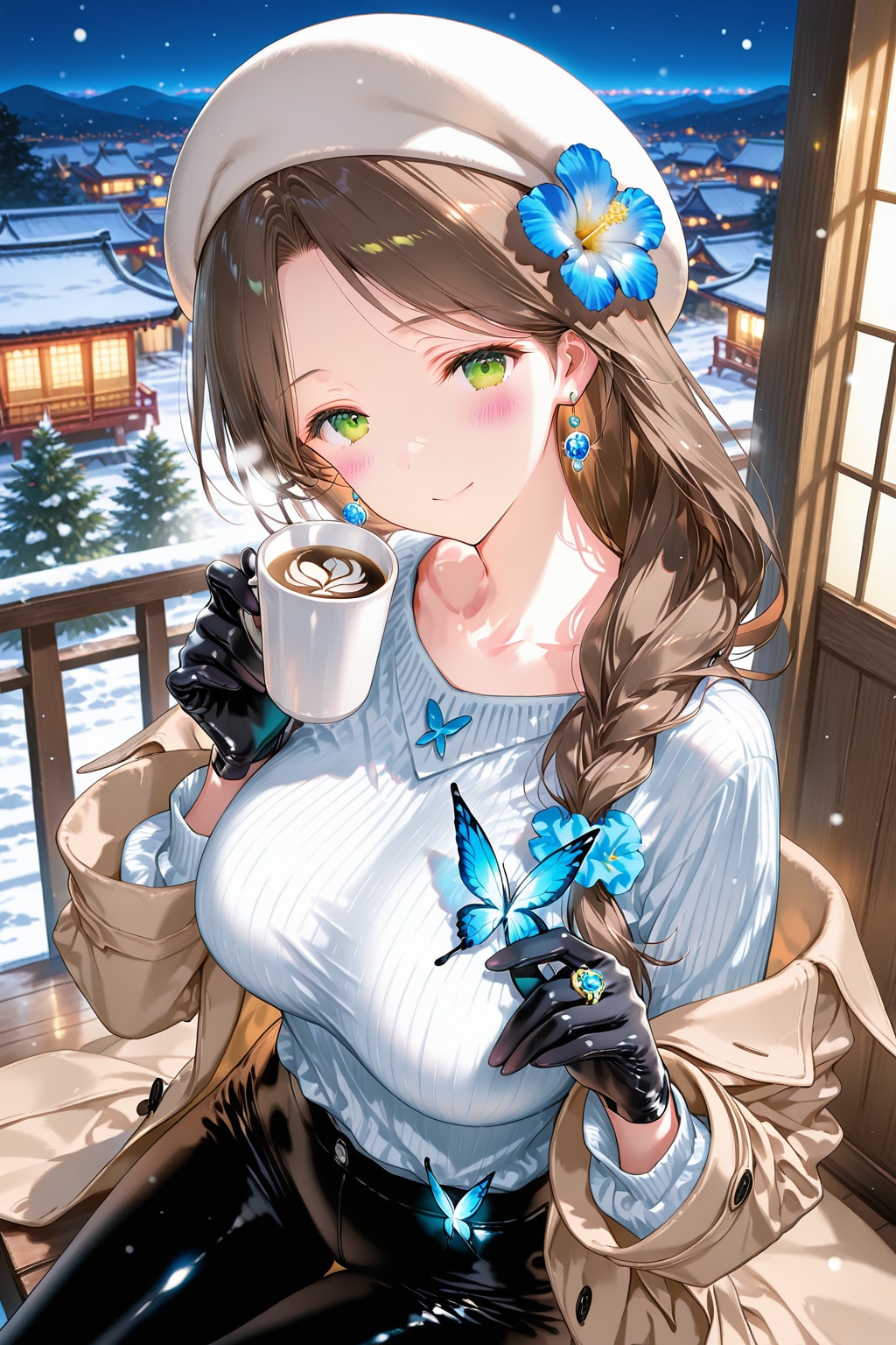 冬化粧された街並みの古民家カフェでホットコーヒーを堪能中の美咲さん❤️