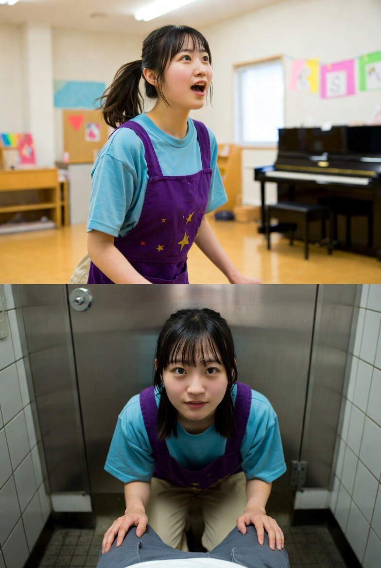 あかるい保母さん、トイレでしゃがんで