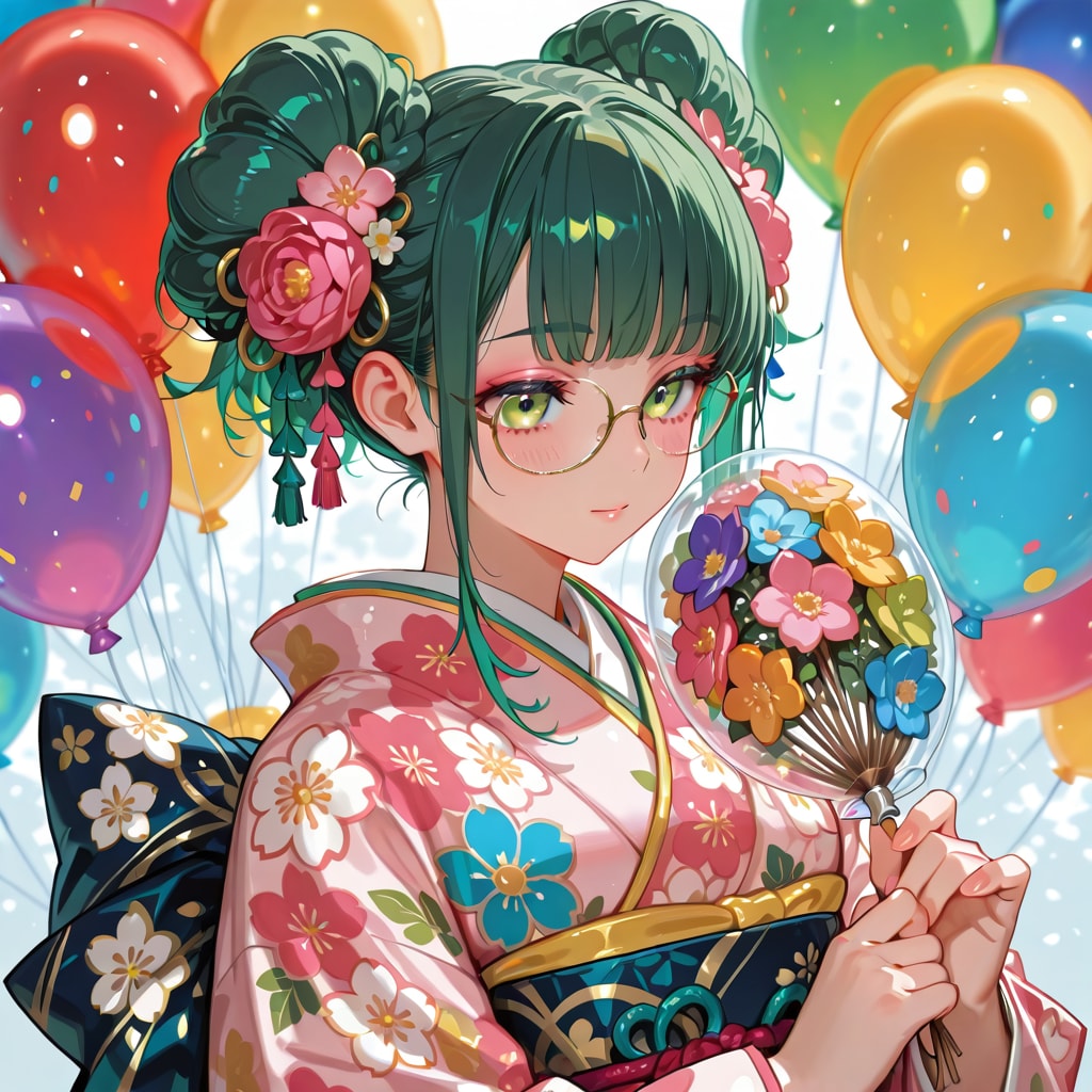 いっぱい色とりどりの風船を持つ緑髪お団子ヘアの眼鏡かけた花柄の着物着た美女 | の人気AIイラスト・グラビア