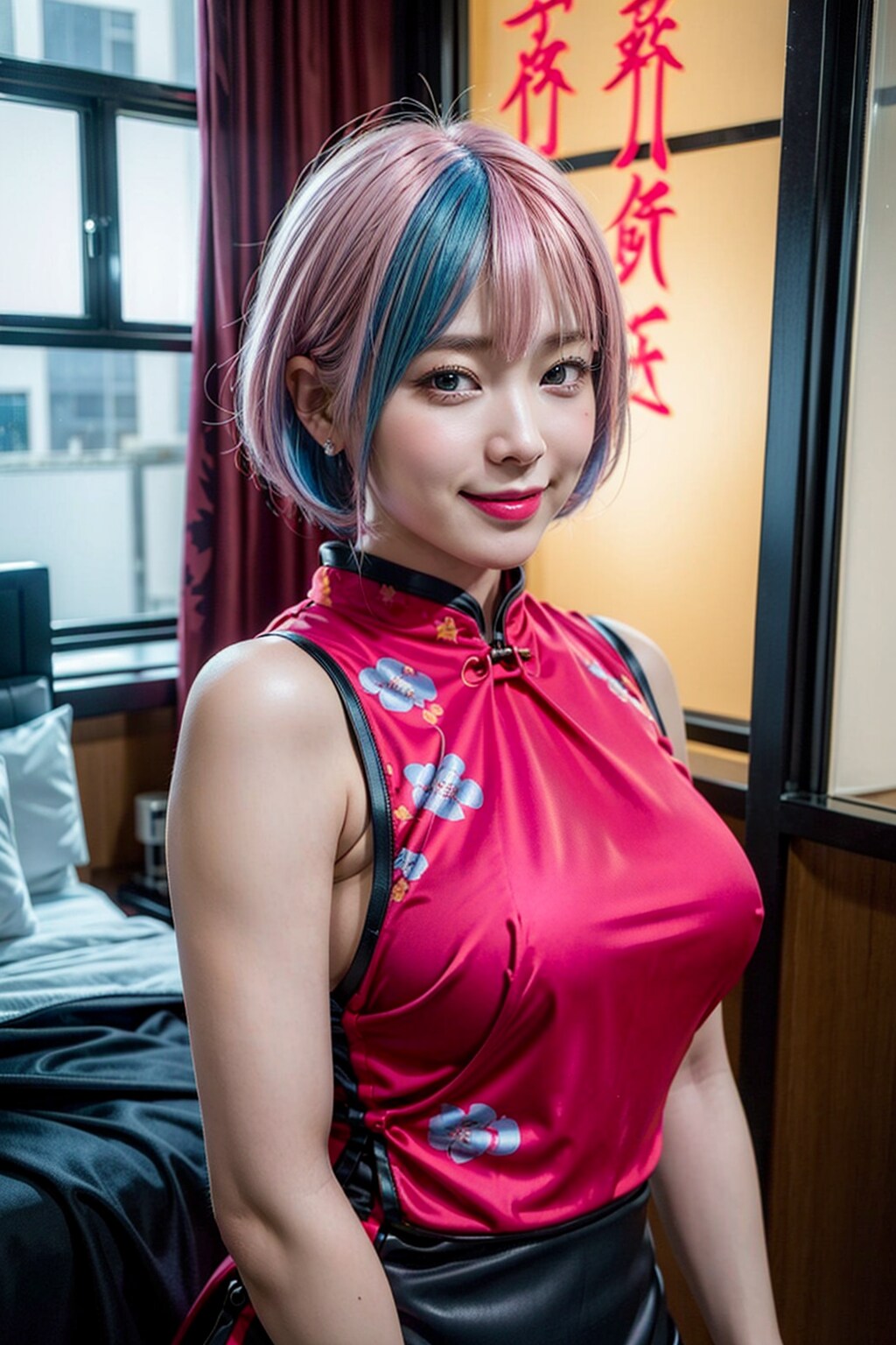 花柄チャイナドレス　赤系