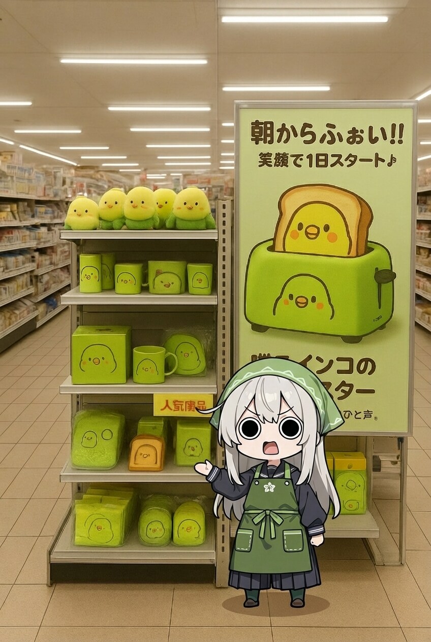 スーパーちちぷいで喋るインコさんのトースターの棚を案内するえらいこっちゃ嬢 | の人気AIイラスト・グラビア